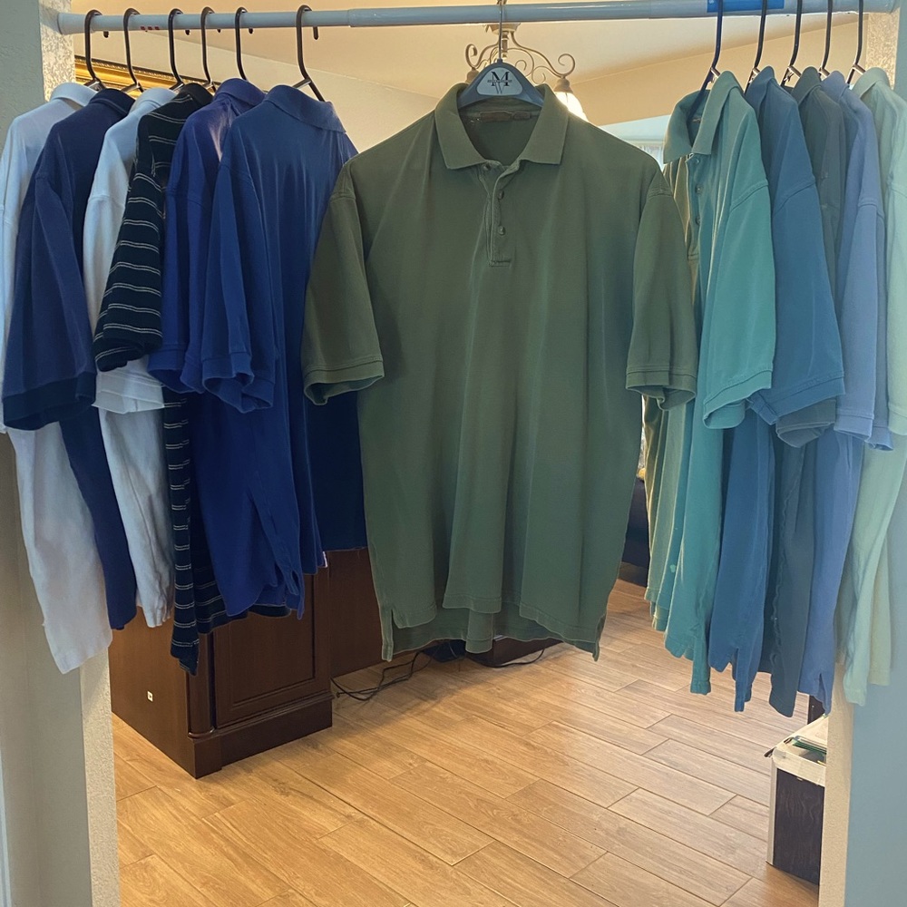 Ten short sleeve polo shirts, 2 long sleeve. Seldom worn, excellent condition.